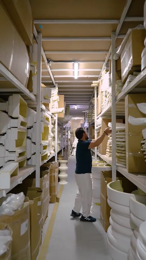 Worker selecting flexible molding profile from tall warehouse shelving
