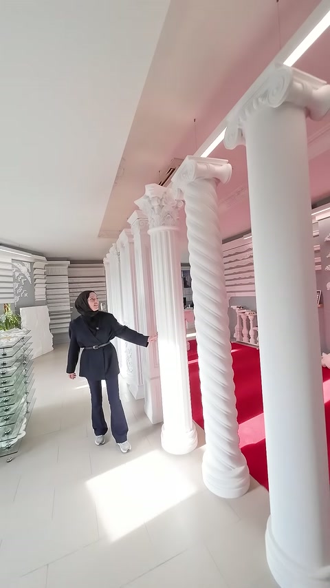 Geniş showroom alanında düz, yivli ve burgulu sütun modelleri sıralanıyor.