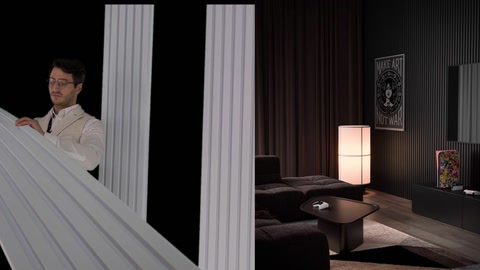 Slatted panel compared alongside its living room application