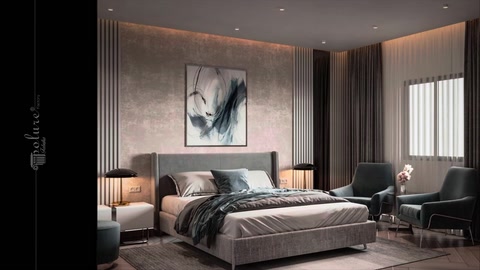 Full room view of a bedroom with textured wall panelling applied