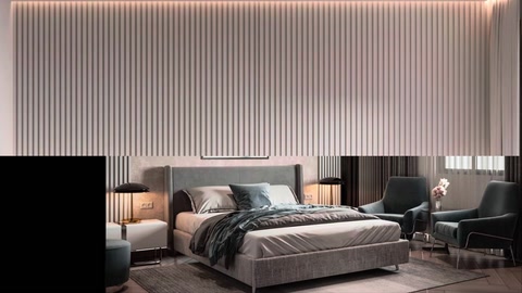 Vertical slatted wall panelling applied on the headboard wall