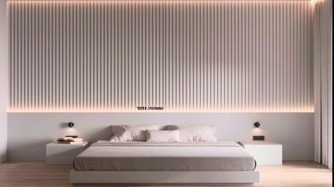 Bedroom wall clad in slatted panelling highlighted by lighting