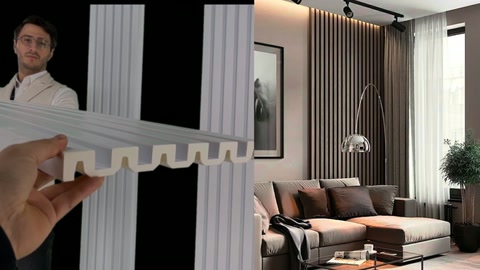 Wall panel section with wavy rear profile is presented with room example.
