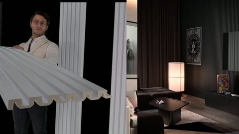 Channel-structured wall panel sample is examined in front of dark-walled room.