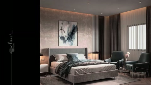 Simple headboard wall and vertical corner cladding are visible in modern bedroom.
