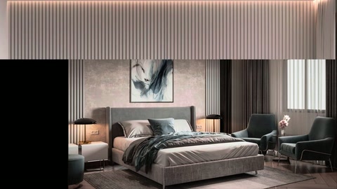 Fluted wall panel covering is installed on upper portion of bedroom wall.