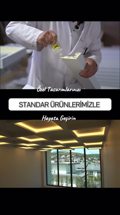 Üretim kalıbına malzeme dökümü ve sıcak ışıklı tavan birlikte görülüyor