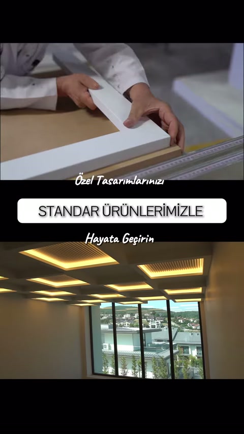 Usta beyaz profili ölçerken geometrik tavan aydınlatmaları gösteriliyor