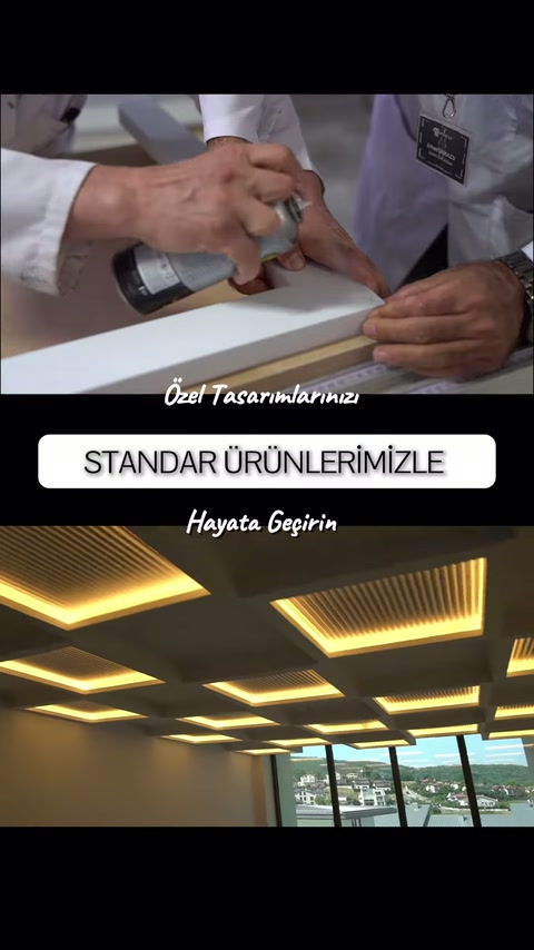 Beyaz profilin köşesine işlem uygulanırken tavandaki ışıklı çerçeveler görülüyor