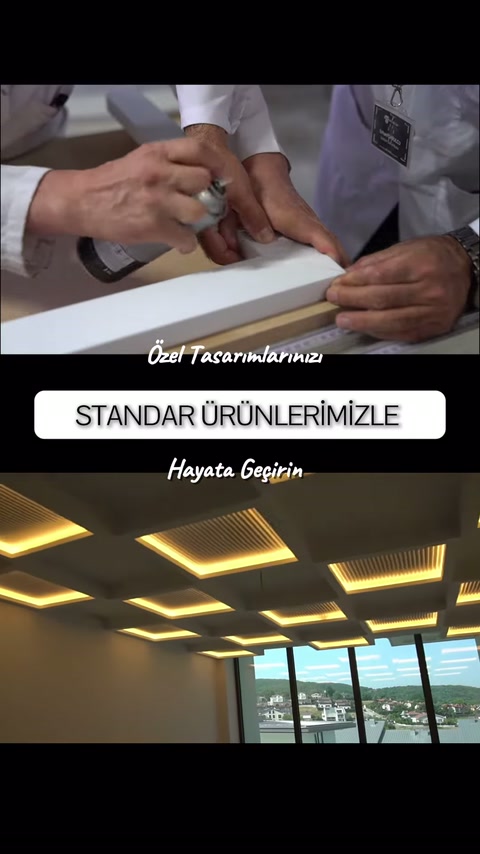 Beyaz çerçevenin köşe bağlantısı hazırlanırken tavan uygulaması görülüyor