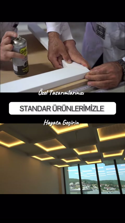 Usta profil yüzeyinde çalışırken geometrik tavan armatürleri ışık yayıyor