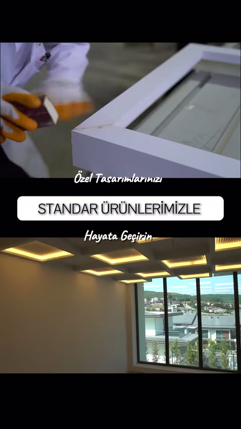 Beyaz çerçeve köşesi birleştirilirken aydınlatılmış iç mekân gösteriliyor