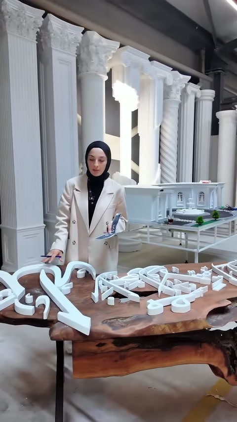 Il presentatore illustra elementi di testo in poliuretano di diverse dimensioni sul tavolo.