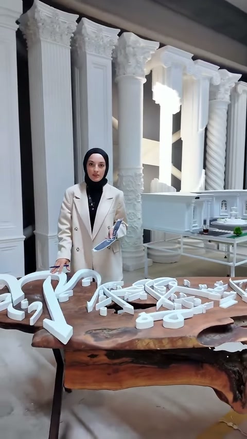 Parti di logo tagliate sono disposte ordinatamente su una superficie in legno.