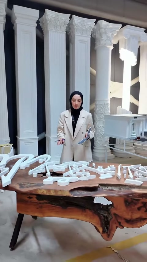 Il presentatore indica componenti di segnaletica personalizzata davanti ai modelli di cornice.