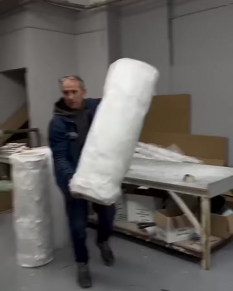 A worker carries a completed column shaft through the workshop