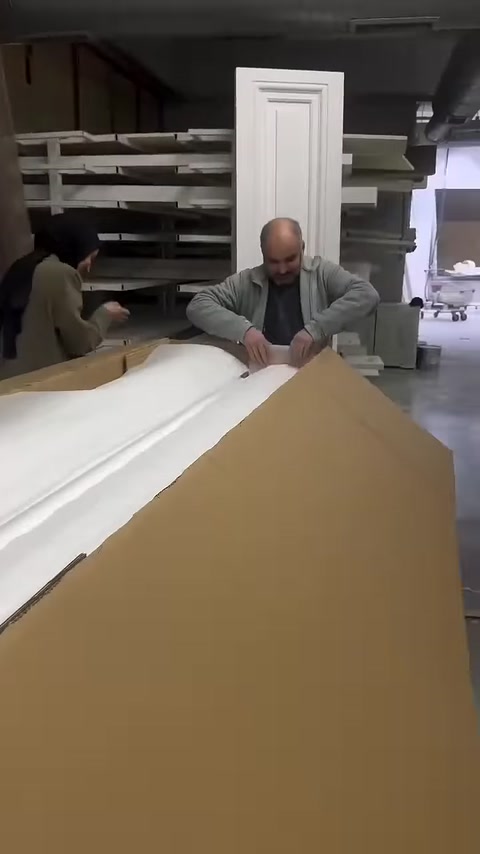 Long white decorative profiles are arranged side by side in a cardboard box