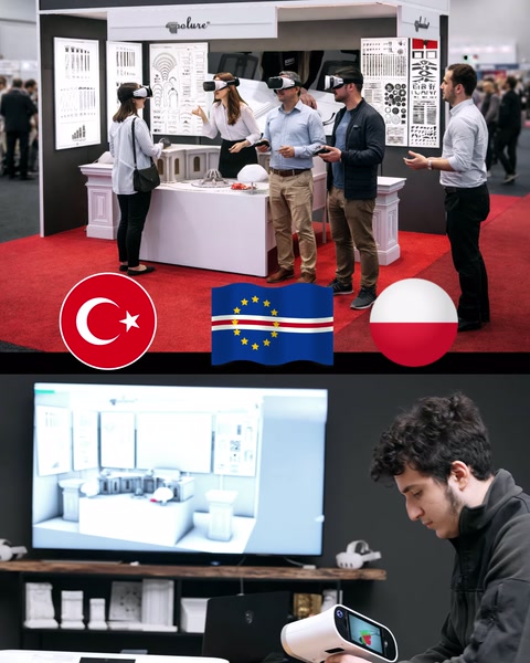 Fuar standında mimari tasarım ekranı ve dekoratif ürün numuneleri