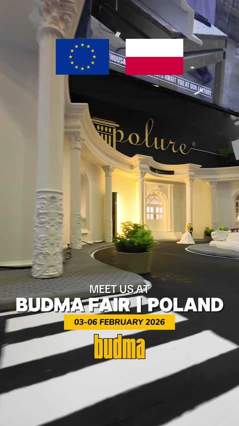 Sütun, pilaster ve kemer detaylarıyla hazırlanan aydınlatmalı fuar standı