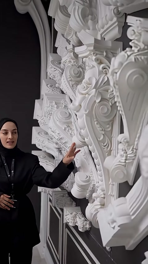 White corbels in different sizes and motifs are displayed on the wall
