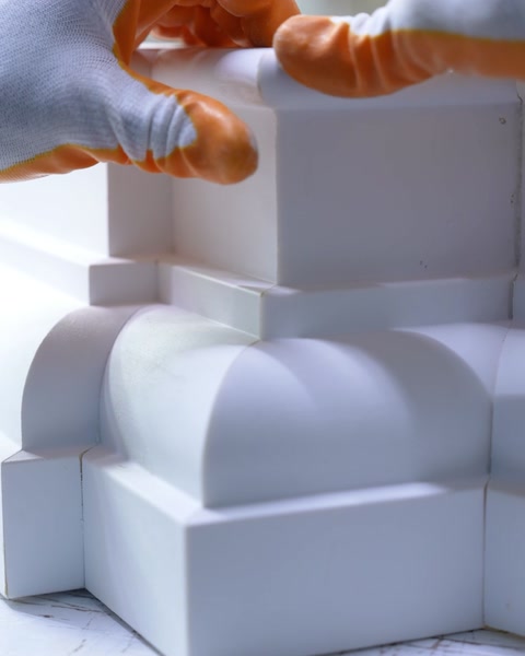 Una mano con guanto arancione applica adesivo su un pezzo di base di colonna