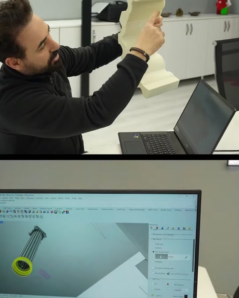 Designer adjusting a digital column model on laptop screen