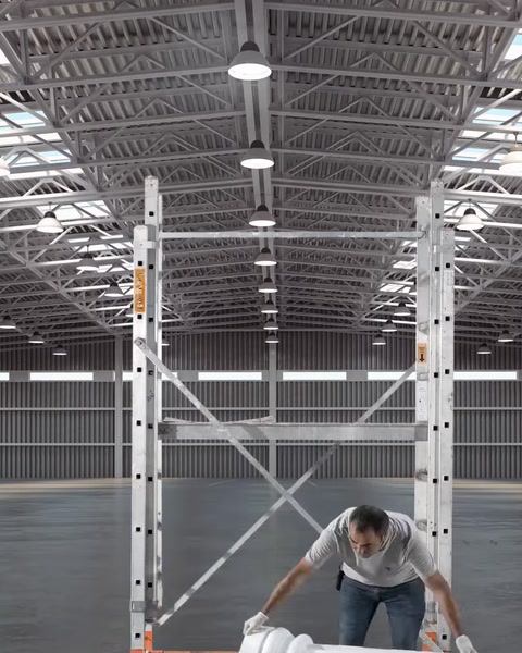 Production hall with tall scaffolding used for column assembly