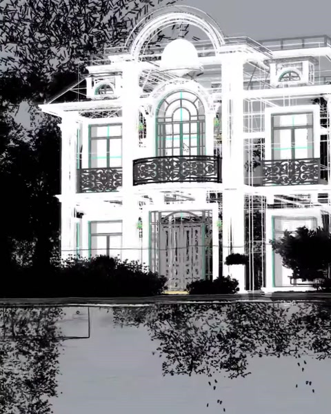 White wireframe 3D model of a two-story villa facade