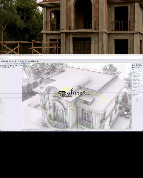 3D design software displaying a detailed villa facade model