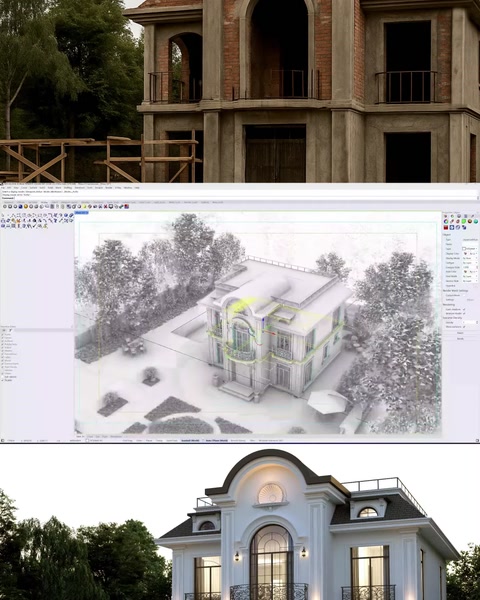 Rendered visualization of finished villa with landscaping and lighting