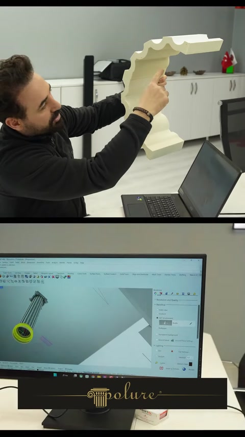 Designer adjusting a digital column model on laptop screen