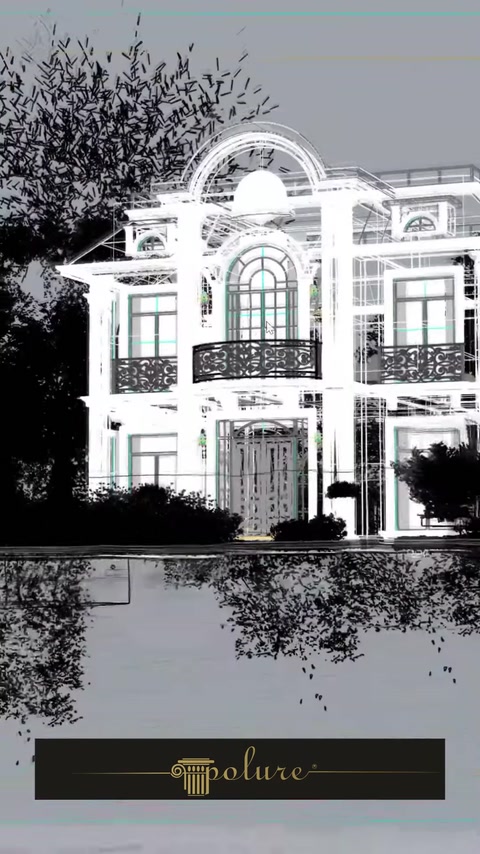 White wireframe 3D model of a two-story villa facade