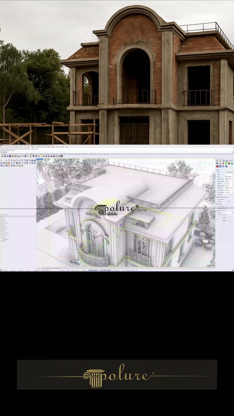 3D design software displaying a detailed villa facade model