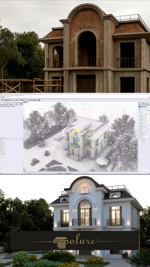 Rendered visualization of finished villa with landscaping and lighting