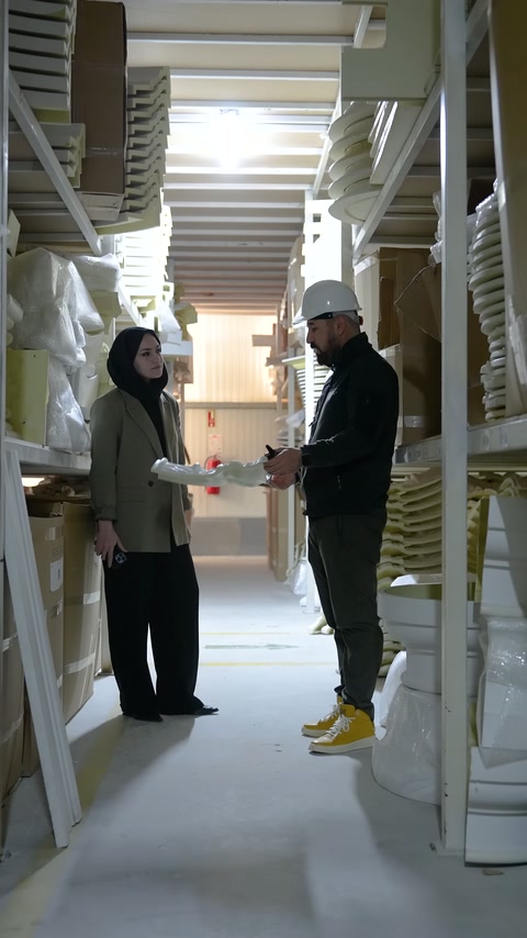 Female worker receives the extended polyurethane piece with her hands