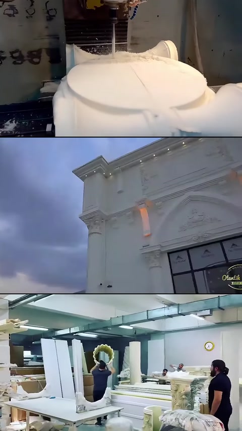 A piece with curved motifs, corner facade ornaments and the production area are shown.