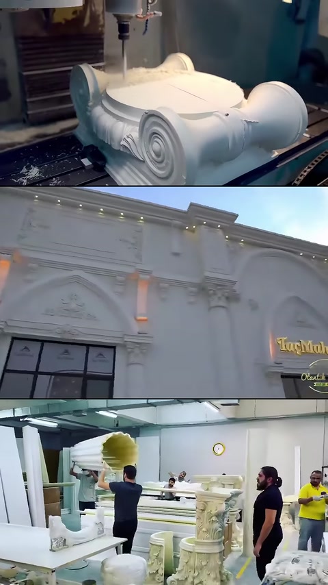 Curved decorative pieces and a classical wedding hall facade are presented together.