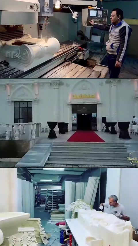 A production bench, a red-carpeted entrance and lined-up decorative elements are visible.
