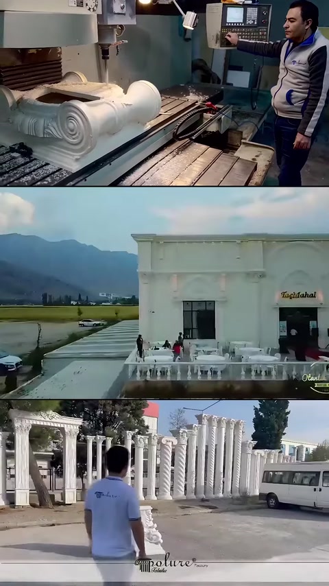 The production line, the hall with a mountain view and aligned decorative balustrades are displayed.