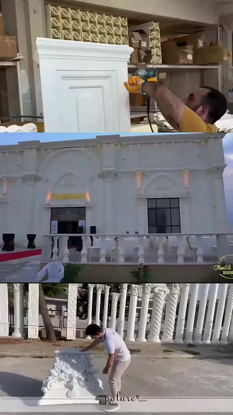 A craftsman working on a profile, the hall facade and balustrades are shown.
