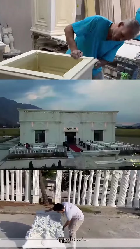 A piece processed with a hand tool, a wide view of the hall and a row of balustrades are visible.