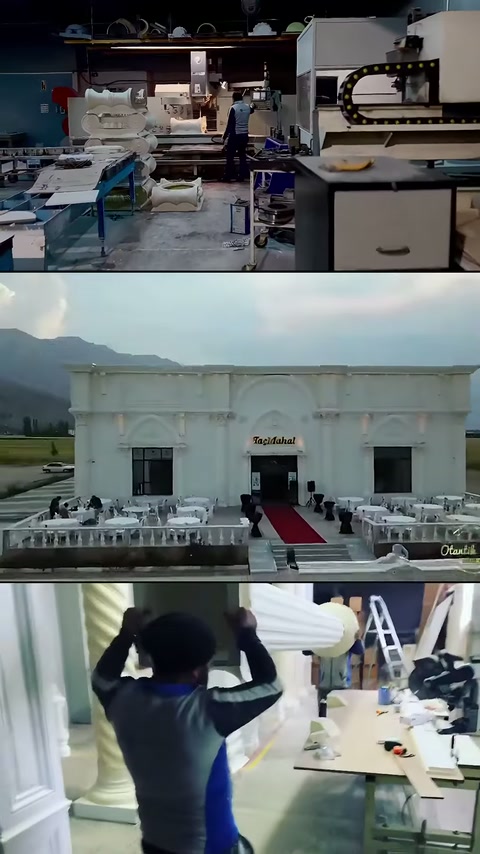 Produzione in laboratorio, facciata del salone diurno e montaggio della colonna mostrati.