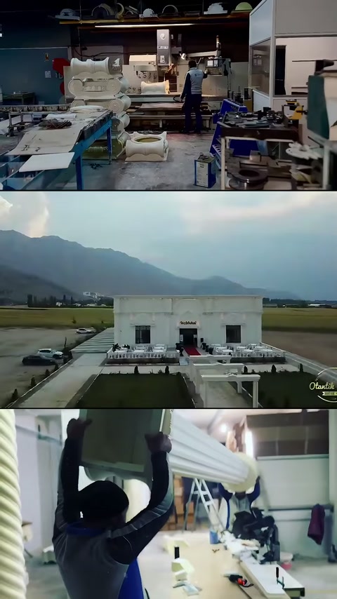 Lavori in laboratorio, giardino del salone e profilo posizionato sul soffitto visibili.