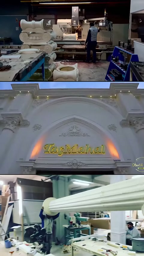Laboratorio di lavorazione, arco d'ingresso illuminato e profili scanalati mostrati.