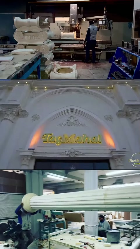 Area di produzione, frontone in rilievo ed elementi della colonna sul banco visibili.