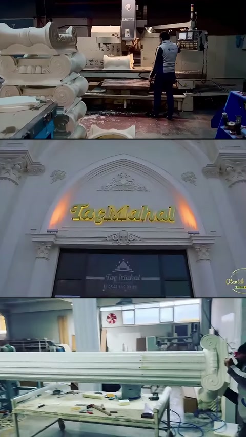 Area di lavoro del maestro, facciata decorata e profili di decorazione orizzontali visibili.