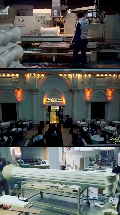 Reparto di fabbricazione, ingresso illuminato di notte e banchi profilati mostrati.
