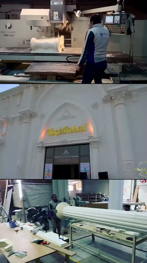 Maestro che lavora la decorazione, facciata ad arco e lunghi fusti della colonna mostrati.