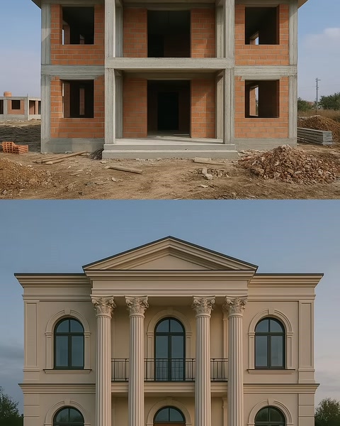 Sütunlar, pencere söveleri ve alınlıklarla düzenlenmiş villa cephesi