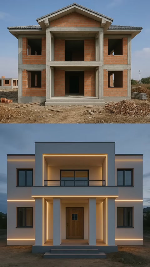 Decorazione della Facciata Esterna della Villa con Modelli in Poliuretano e Cornici Decorative